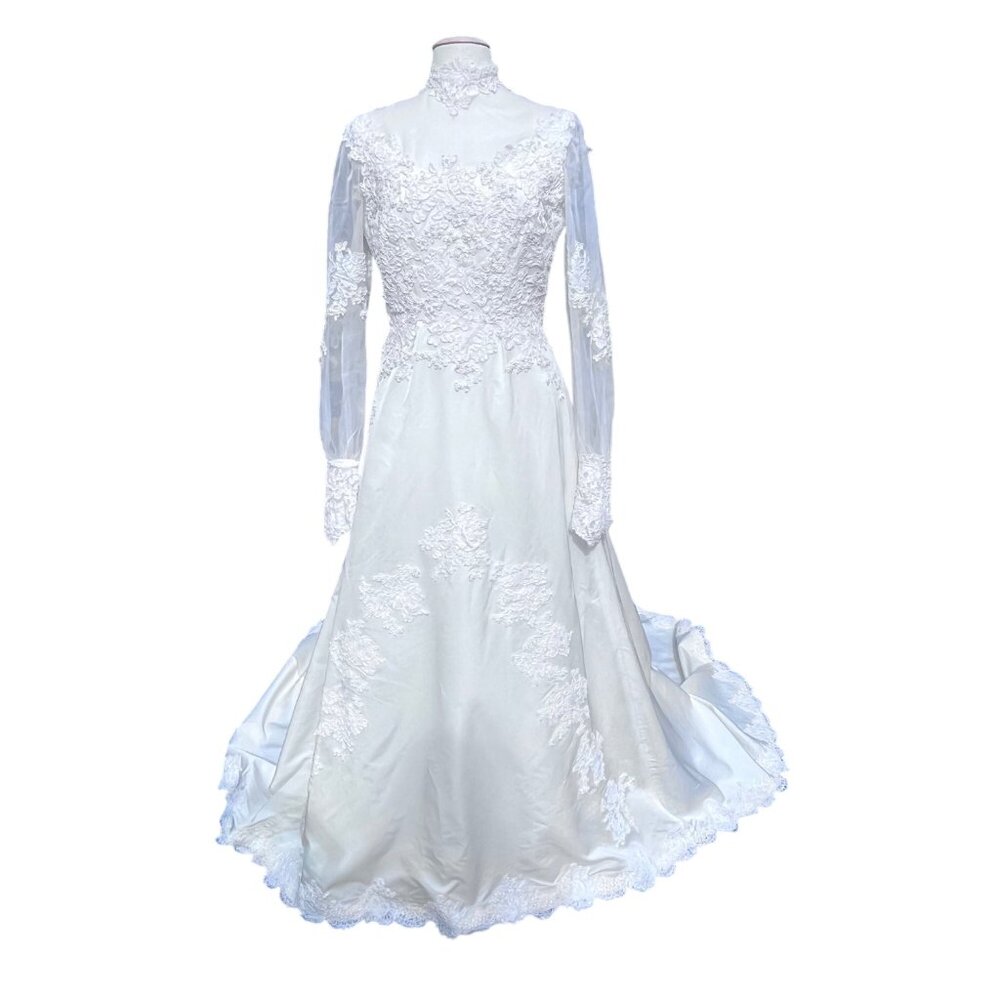 Vtg 70's Victorian Prarie Ivory Custom Bridal Dress Gown Train + Juliet Cap Veil